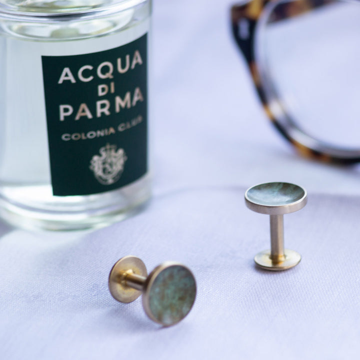 Alice Made This - Brass Cufflinks for men with forest green patina finish. Hand crafted and artisan made. Gifts for men. 