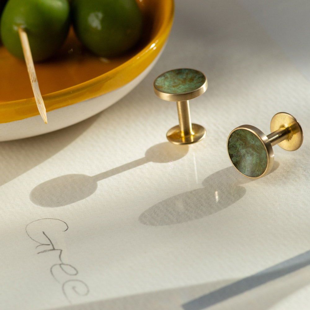 Alice Made This - Brass Cufflinks for men with forest green patina finish. Hand crafted and artisan made. Gifts for men. 